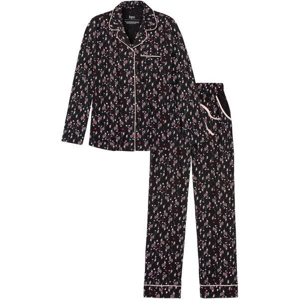 Bonprix Piżama z plisą guzikową czarny z nadrukiem