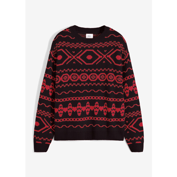 Bonprix Sweter z płytkim dekoltem, w norweski wzór czarno-truskawkowy w norweski wzór