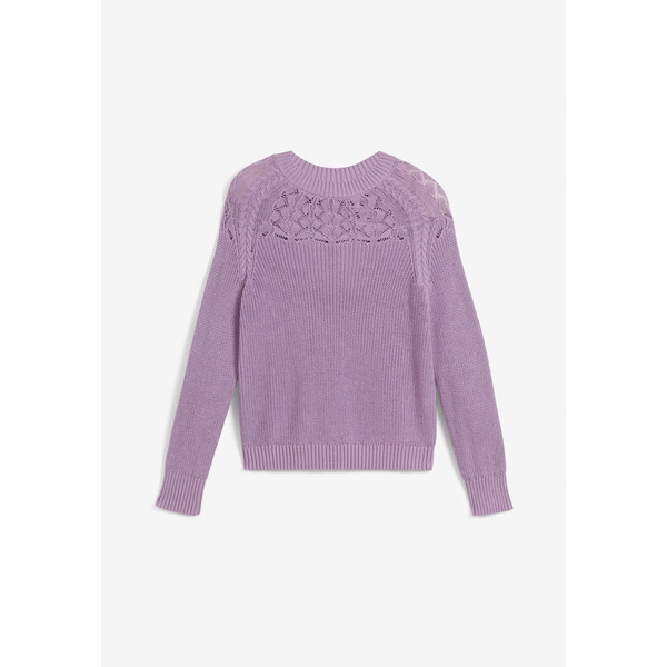 Bonprix Sweter bawełniany w ażurowy wzór kolor bzu