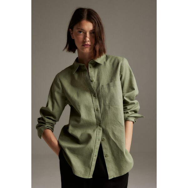 H&M Koszula z domieszką lnu - Długi rękaw - Normalna długość - 1027844050 Zieleń khaki