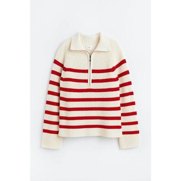 H&M Sweter w prążki z suwakiem u góry - 1128821001 Kremowy/Czerwony