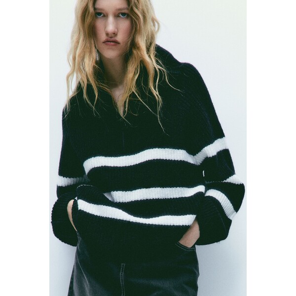 H&M Sweter oversize z suwakiem u góry - 1195954001 Czarny/Paski