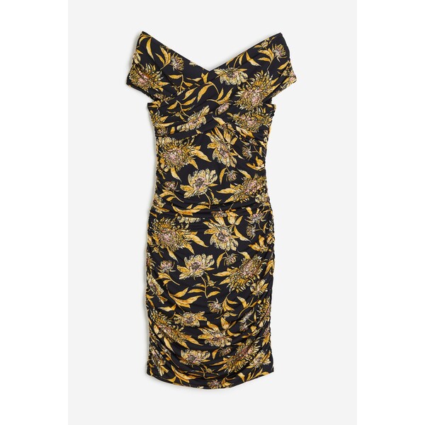 H&M Drapowana sukienka z odkrytymi ramionami - Krótki rekaw - Krótka - -ONA 1157805001 Czarny/Żółte kwiaty