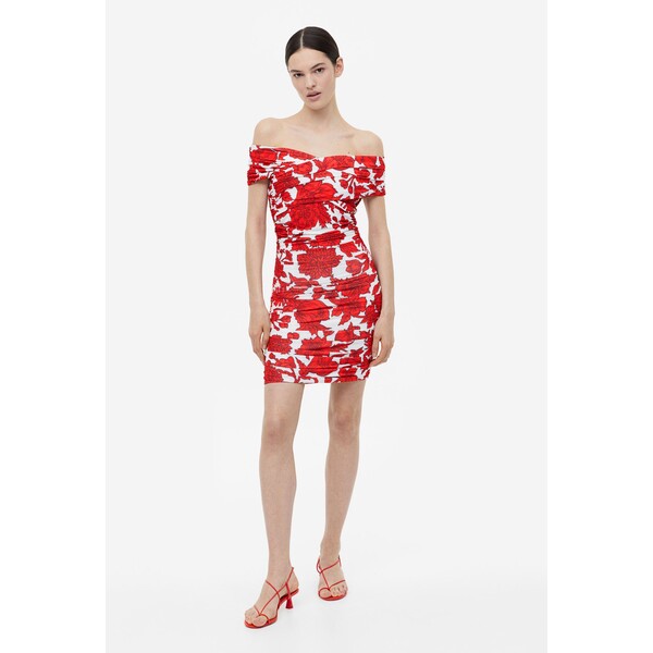 H&M Drapowana sukienka z odkrytymi ramionami - Krótki rekaw - Krótka - -ONA 1157805003 Biały/Czerwone kwiaty