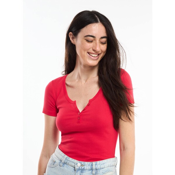 Terranova Prążkowany T-shirt z dekoltem typu henley Czerwony SAB0053561001S130