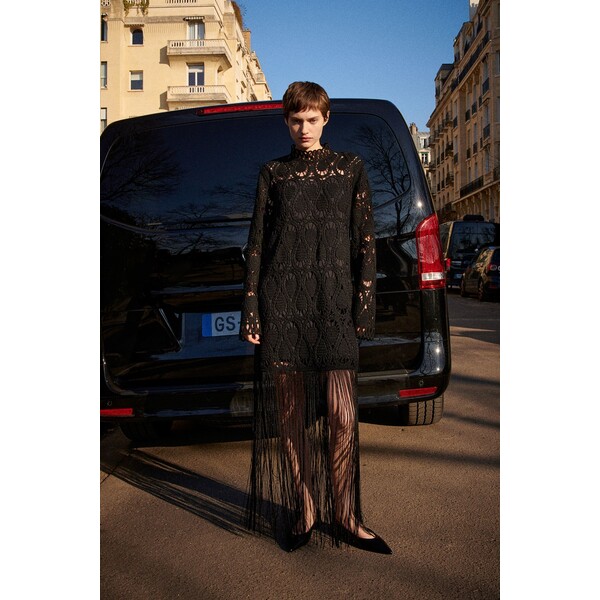 H&M Sukienka o wyglądzie szydełkowej robótki - Okrągły dekolt - Długi rękaw - 1220340001 Czarny