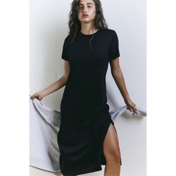 H&M Sukienka z dżerseju w prążki - Okrągły dekolt - Krótki rekaw - 1144829008 Czarny
