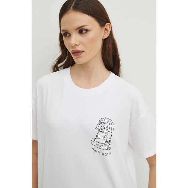 Medicine T-shirt bawełniany damski z domieszką elastanu z kolekcji Dzień Kota kolor biały