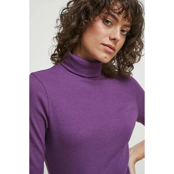 Medicine T-shirt damski z golfem prążkowany kolor fioletowy