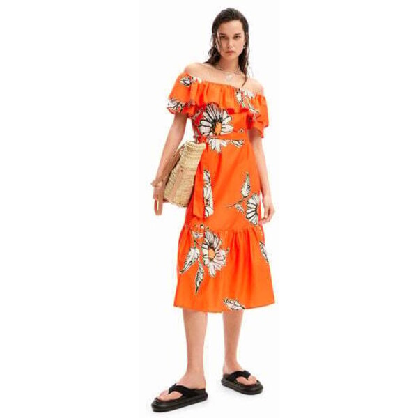 Desigual Sukienka midi z falbaną w stokrotki 24SWVW027002