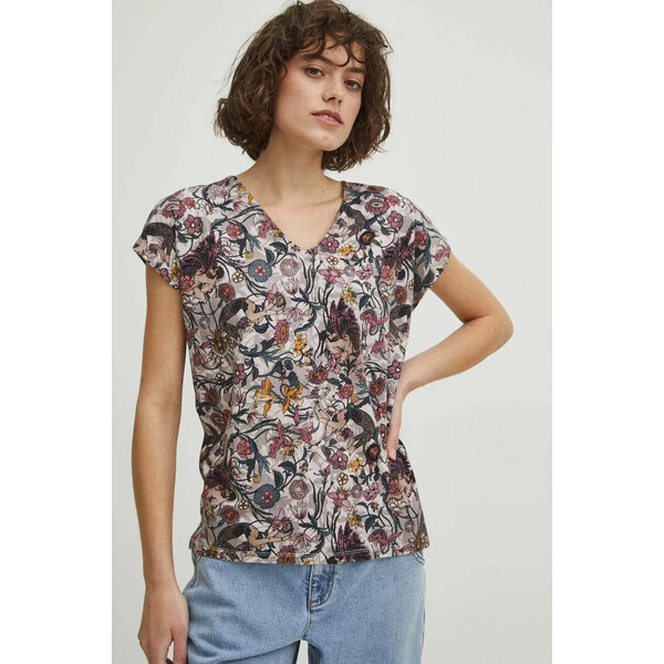Medicine T-shirt bawełniany damski wzorzysty kolor beżowy