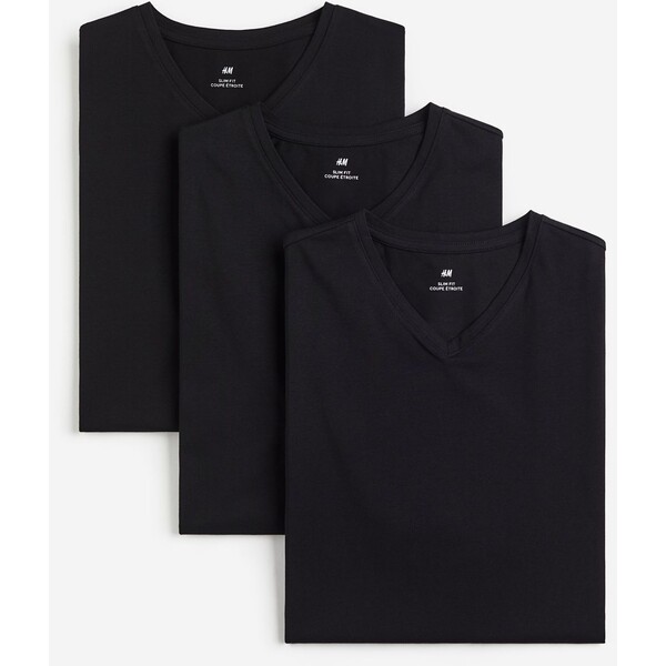 H&M T-shirt z dekoltem w serek Slim Fit 3-pak - - ON 0542533002 Czarny