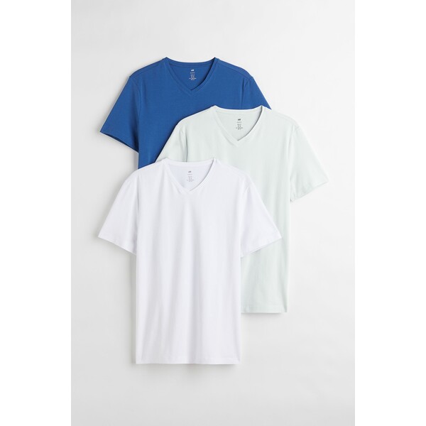 H&M T-shirt z dekoltem w serek Slim Fit 3-pak - - ON 0542533002 Biały/Turkusowy/Niebieski