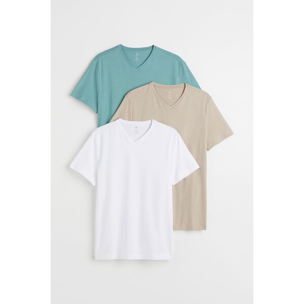 H&M T-shirt z dekoltem w serek Slim Fit 3-pak - - ON 0542533002 Turkusowy/Beżowy/Biały