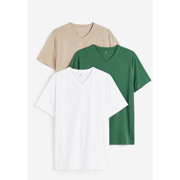 H&M T-shirt z dekoltem w serek Slim Fit 3-pak - - ON 0542533002 Biały/Beżowy/Zielony