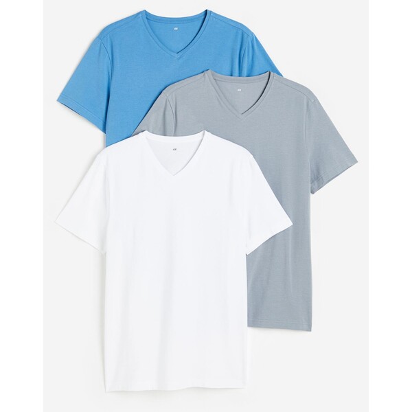 H&M T-shirt z dekoltem w serek Slim Fit 3-pak - - ON 0542533002 Niebieski/Stalowy/Biały