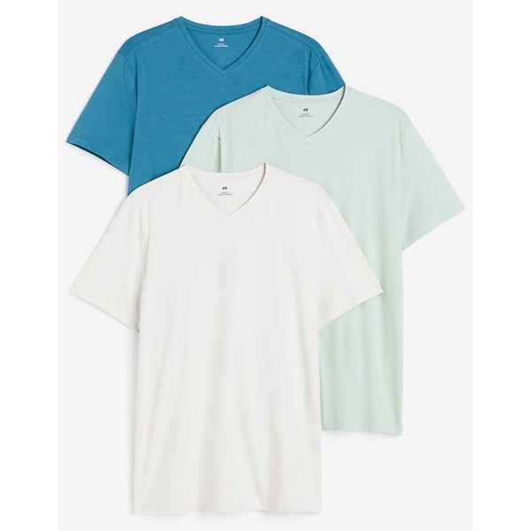 H&M T-shirt z dekoltem w serek Slim Fit 3-pak - - ON 0542533002 Niebieski/Zielony/Szarobeżowy