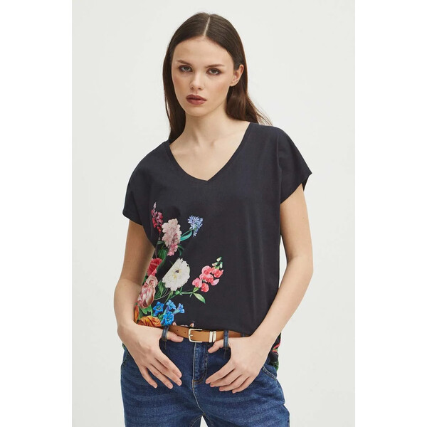 Medicine T-shirt bawełniany damski z nadrukiem w kwiaty kolor czarny