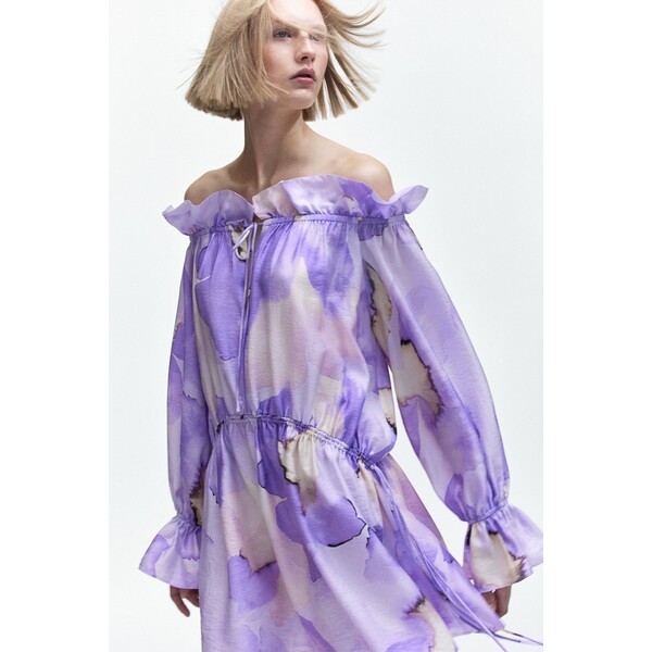 H&M Obszerna sukienka z odkrytymi ramionami - 1176139001 Jasnofioletowy/Kwiaty