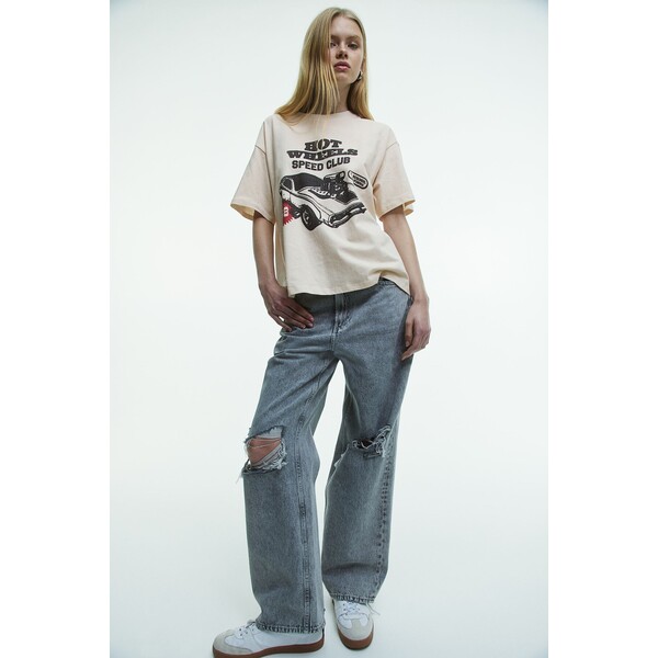 H&M T-shirt oversize z nadrukiem - Okrągły dekolt - Krótki rekaw - 1206628009 Jasnobeżowy/Hot Wheels