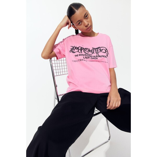 H&M T-shirt oversize z nadrukiem - Okrągły dekolt - Krótki rekaw - 1206628009 Różowy/Lady Gaga