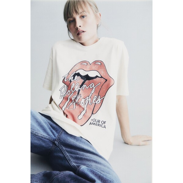 H&M Obszerny T-shirt z nadrukiem - Okrągły dekolt - Krótki rekaw - 0762558076 Kremowy/The Rolling Stones