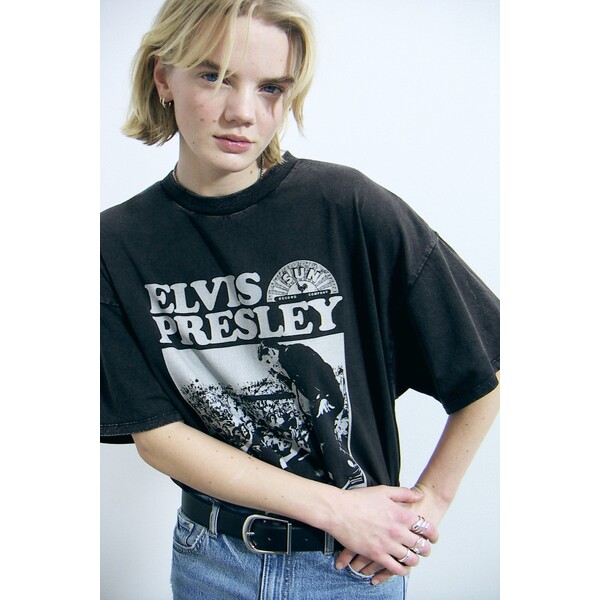 H&M T-shirt oversize z nadrukiem - Okrągły dekolt - Krótki rekaw - 1198284040 Czarny/Elvis Presley