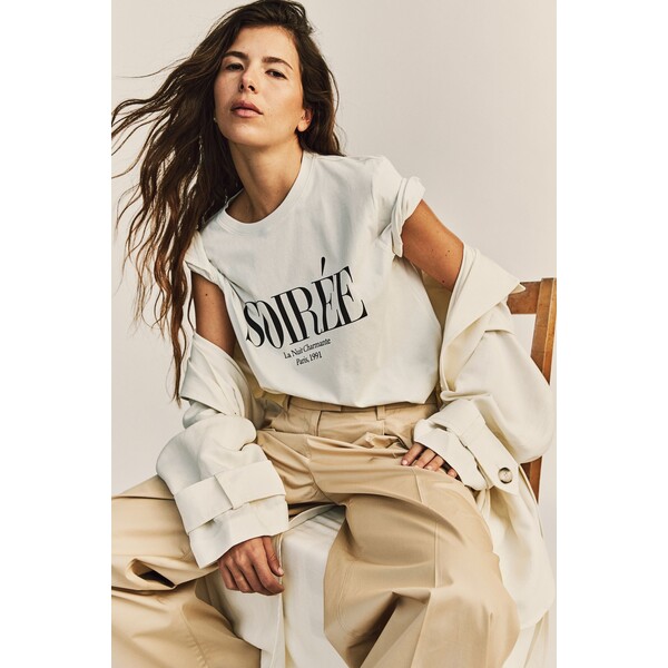 H&M Bawełniany T-shirt - Okrągły dekolt - Krótki rekaw - 0979329117 Biały/Soirée