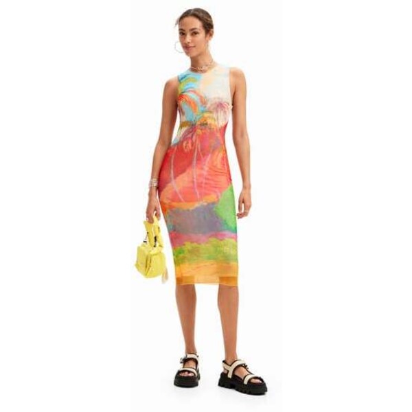 Desigual Sukienka midi z kolorowym tropikalnym wzorem 24SWVKXR9019