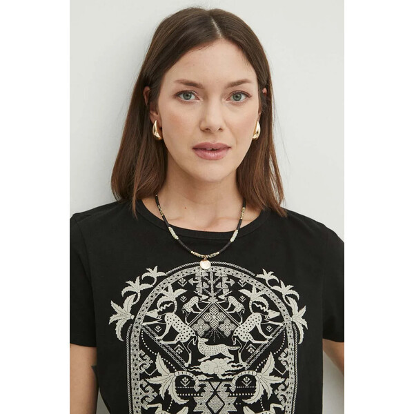 Medicine T-shirt bawełniany damski z ozdobnym haftem kolor czarny