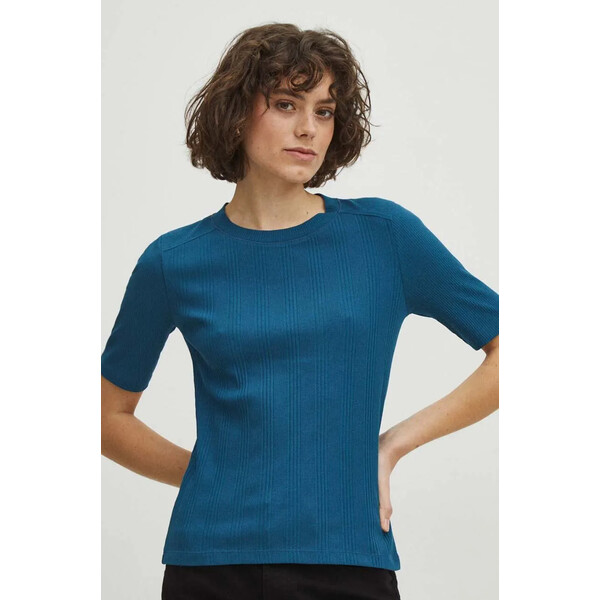 Medicine T-shirt bawełniany damski z domieszką elastanu prążkowany kolor turkusowy