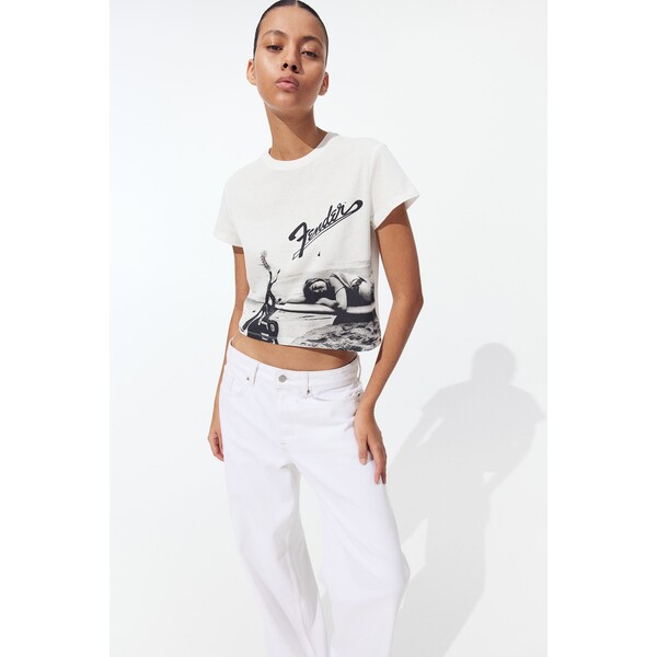 H&M T-shirt z nadrukiem - Wycięcie przy szyi - Krótki rekaw - 1207443025 Biały/Fender