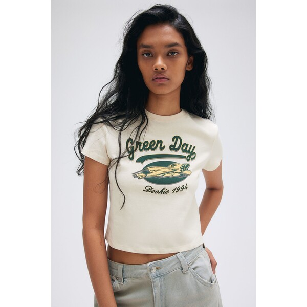 H&M T-shirt z nadrukiem - Wycięcie przy szyi - Krótki rekaw - 1207443025 Kremowy/Green Day
