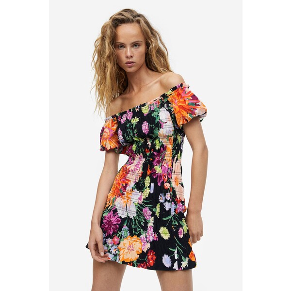 H&M Sukienka z odkrytymi ramionami - 1080722001 Czarny/Duże kwiaty