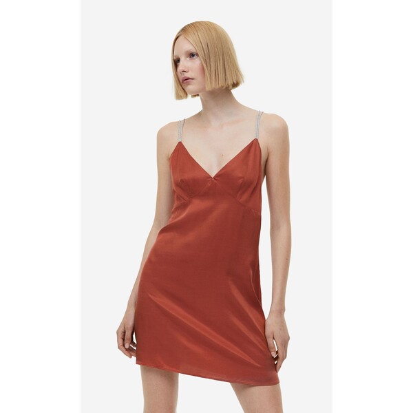 H&M Satynowa sukienka na ramiączkach ze strassu - 1094043004 Ceglastoczerwony