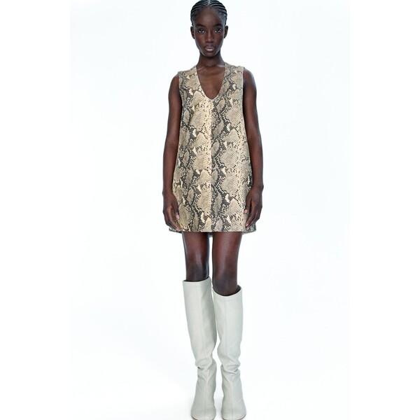H&M Skórzana sukienka mini - 1219819001 Beżowy/Wzór wężowej skóry