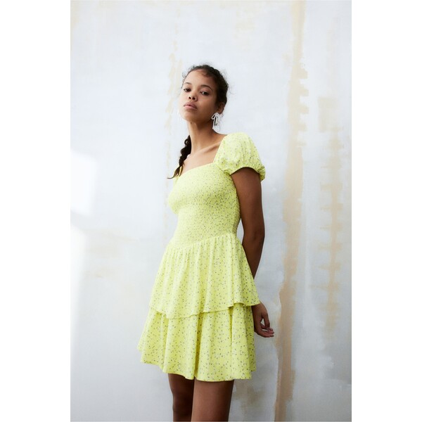 H&M Falbaniasta sukienka z elastycznym marszczeniem - 1219988003 Żółty/Kwiaty
