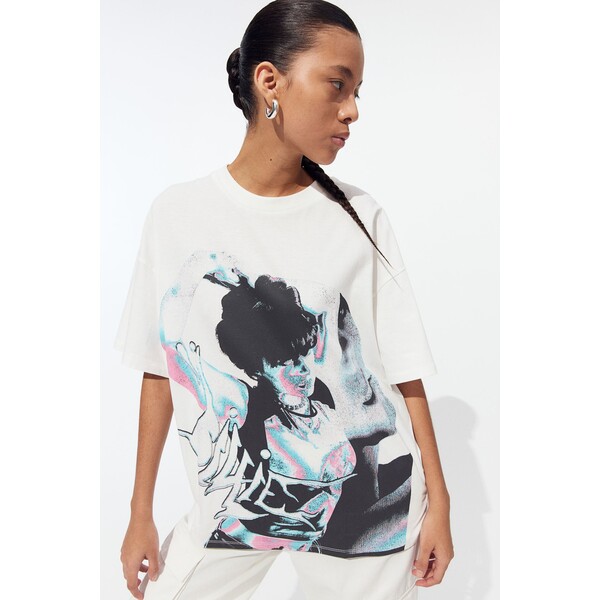 H&M T-shirt oversize z nadrukiem - Okrągły dekolt - Krótki rekaw - 1198284040 Kremowy/Billie Eilish