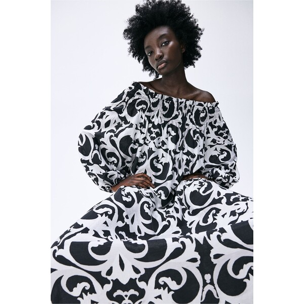 H&M Sukienka oversize z odkrytymi ramionami - Długi rękaw - Długa - 1234914002 Czarny/Wzór