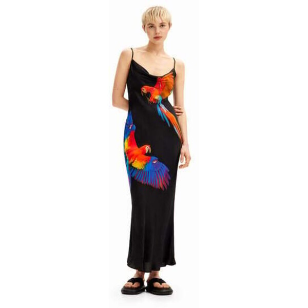 Desigual Sukienka na ramiączkach z satyny z papugami Tyler McGillivary 24SWVW862000