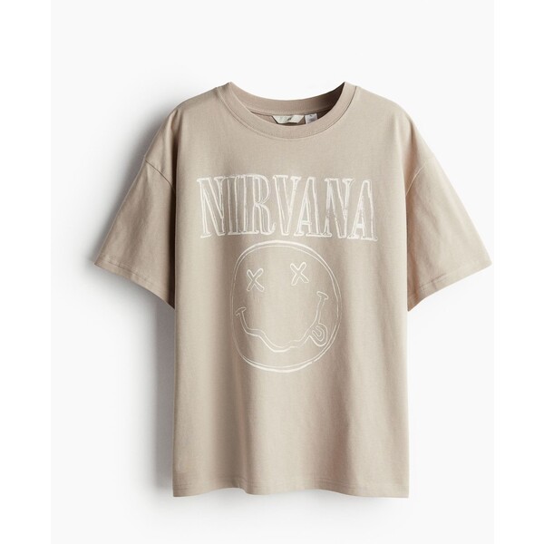 H&M Obszerny T-shirt z nadrukiem - 0762558252 Beżowy/Nirvana
