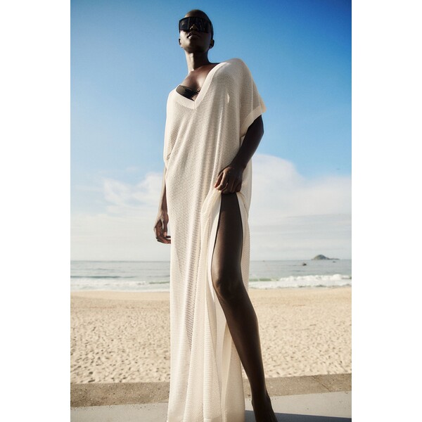 H&M Siateczkowa sukienka plażowa - Dekolt w serek - Krótki rekaw - 1225791001 Biały