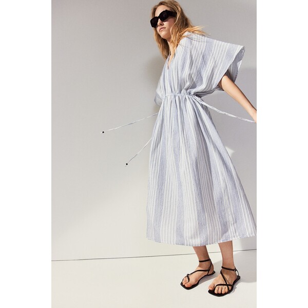 H&M Tunikowa sukienka ze sznurkiem - Dekolt w serek - Krótki rekaw - 1221731001 Biały/Niebieskie paski