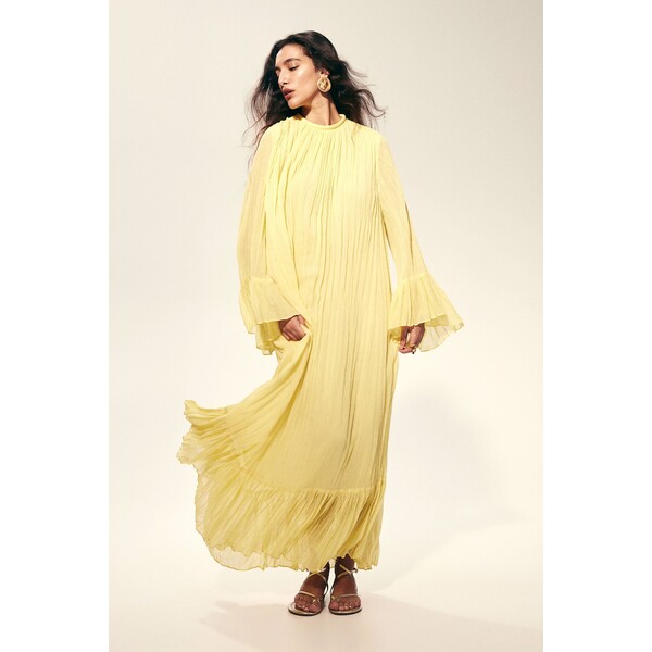 H&M Plisowana sukienka tunikowa - Okrągły dekolt - Długi rękaw - 1218775002 Żółty