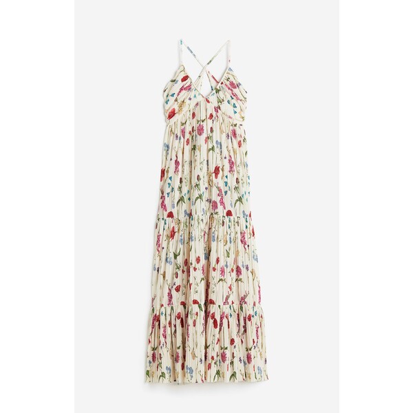 H&M Długa sukienka plisowana - Głęboki dekolt - Bez rękawów - 1166969003 Kremowy/Kwiaty