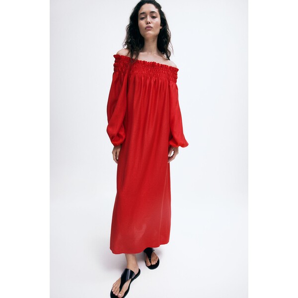 H&M Sukienka oversize z odkrytymi ramionami - Długi rękaw - Długa - 1234914003 Czerwony