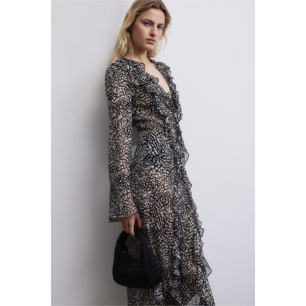 H&M Sukienka z falbanami - Bardzo głęboki dekolt - Długi rękaw - 1203414001 Czarny/Wzór