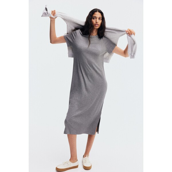 H&M Sukienka z dżerseju w prążki - Okrągły dekolt - Krótki rekaw - 1144829008 Szary melanż