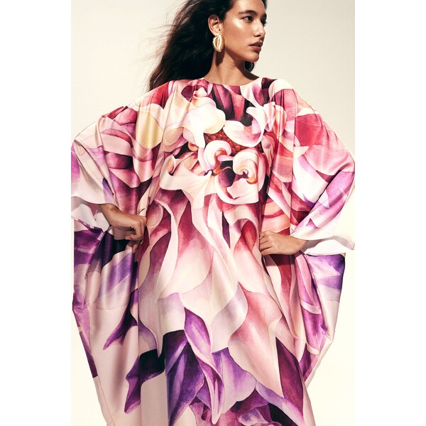 H&M Satynowa sukienka tunikowa - Okrągły dekolt - Długi rękaw - 1217788001 Jasnoróżowy/Dalia