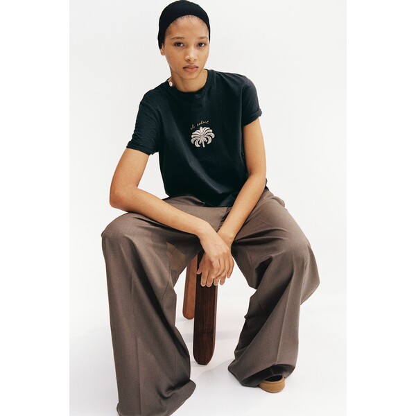 H&M Bawełniany T-shirt - Okrągły dekolt - Krótki rekaw - 0979329121 Ciemnoszary/Palma